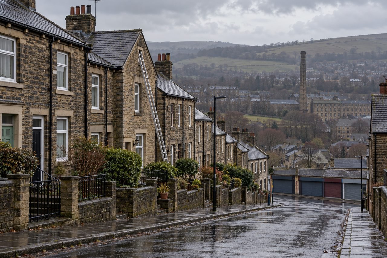 Photoreal British photograph of a hillside street of stone-fronted and brick terraced houses stepping down towards a valley, a stone mill ch