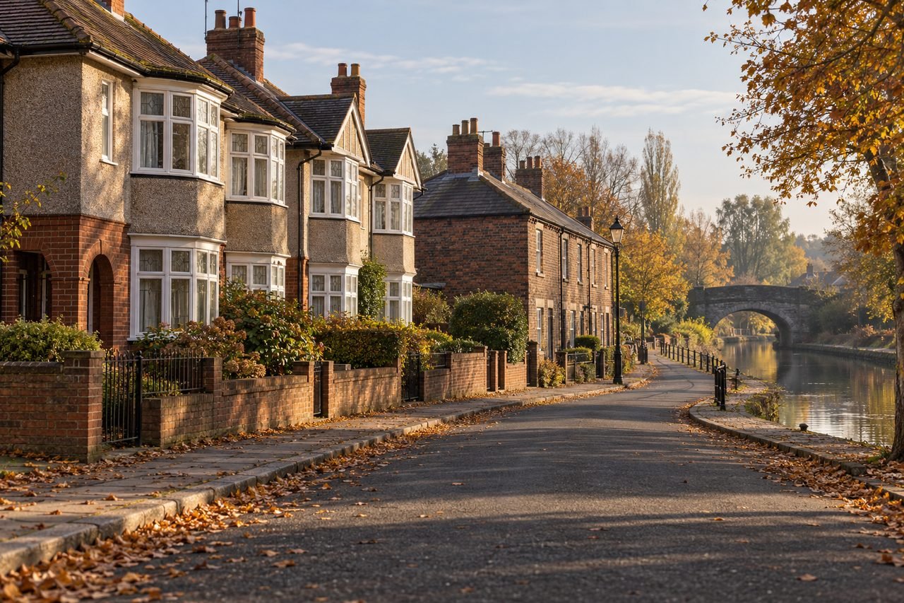 Photoreal British photograph of a suburban street of 1930s semi-detached houses with pebbledash and brick bay windows beside a short terrace