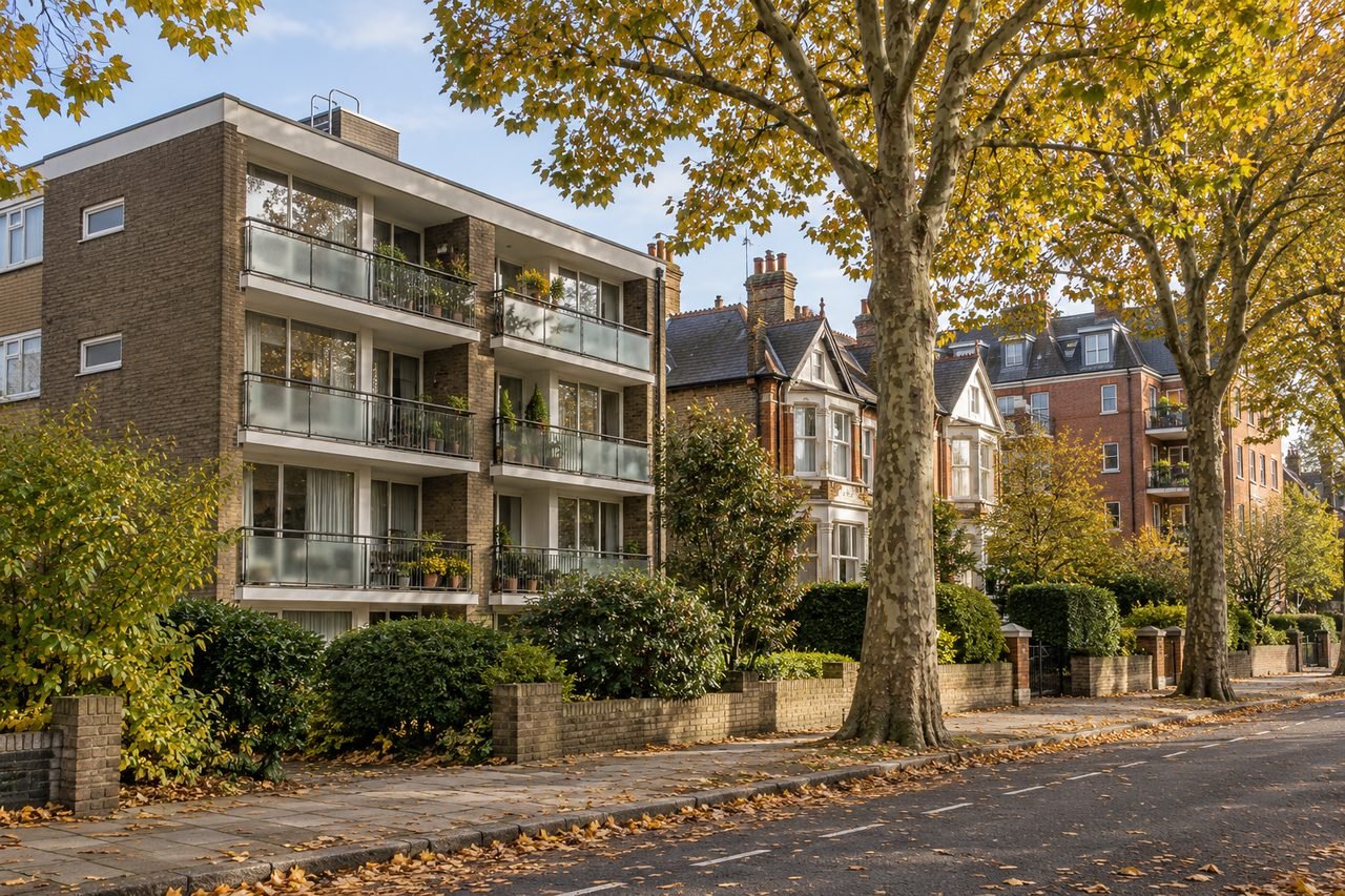 Photoreal British photograph of a 1960s low-rise purpose-built block of flats with balconies next to a leafy road of large Edwardian semi-de