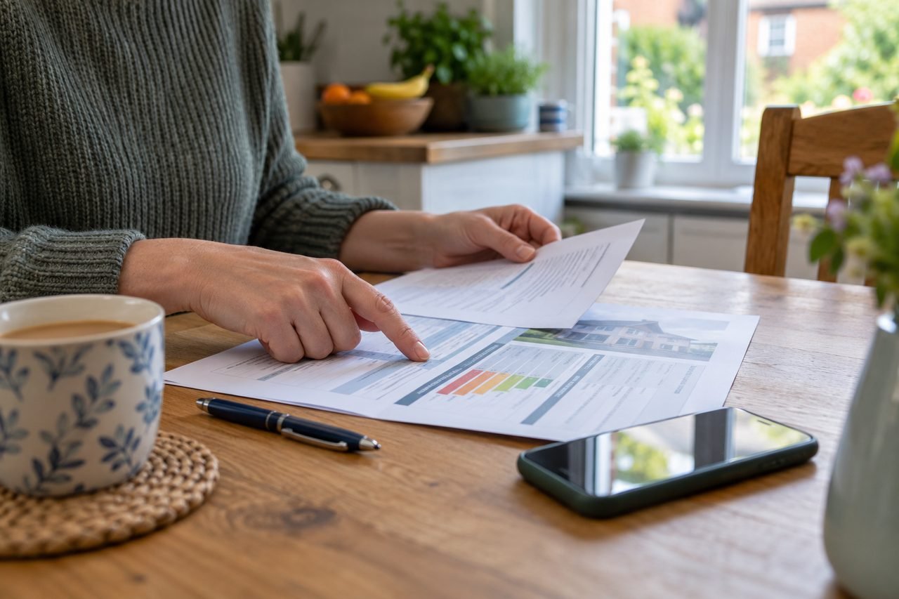 Kitchen table in a British home with a printed document, a pen, a phone and a cup of tea, a person's hands (no face) pointing at a page, day