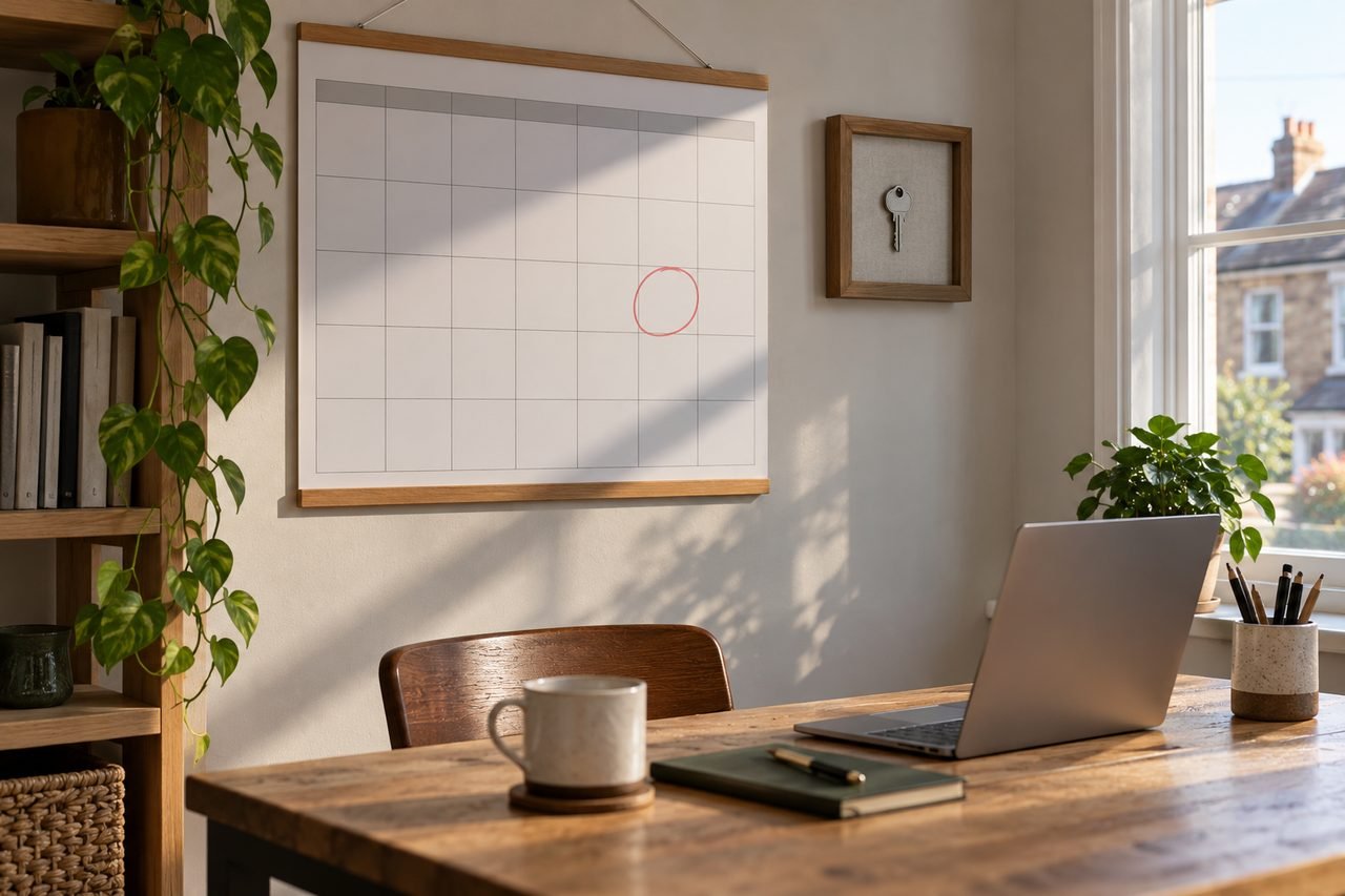 A calendar page-style wall planner on a home office wall with one date circled in red pen, next to a small framed house key, soft window lig