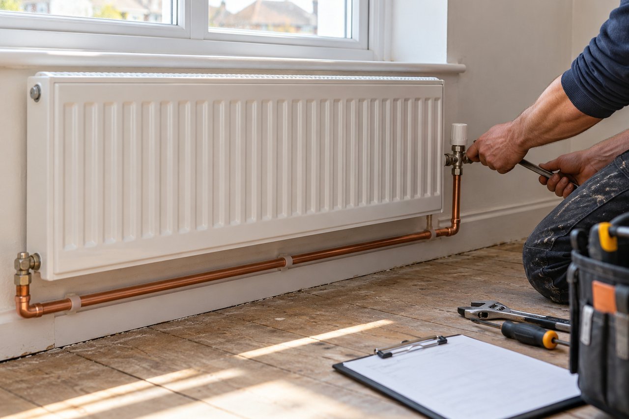 A fitter fixing a white panel radiator under a window in an empty room with bare floorboards, copper pipes beneath, a clipboa