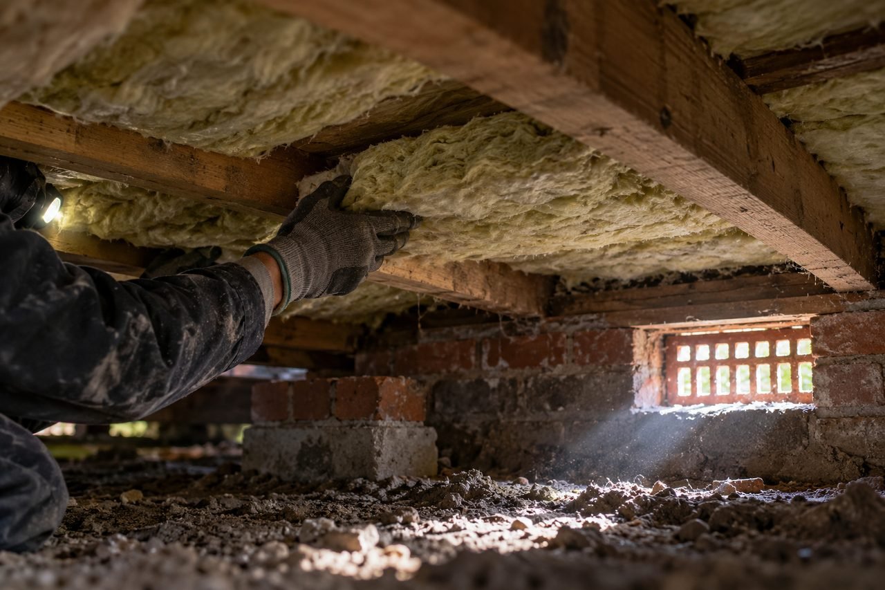 An installer's gloved hands seen from below in a shallow underfloor void of an older British house, fitting mineral wool between timber jois