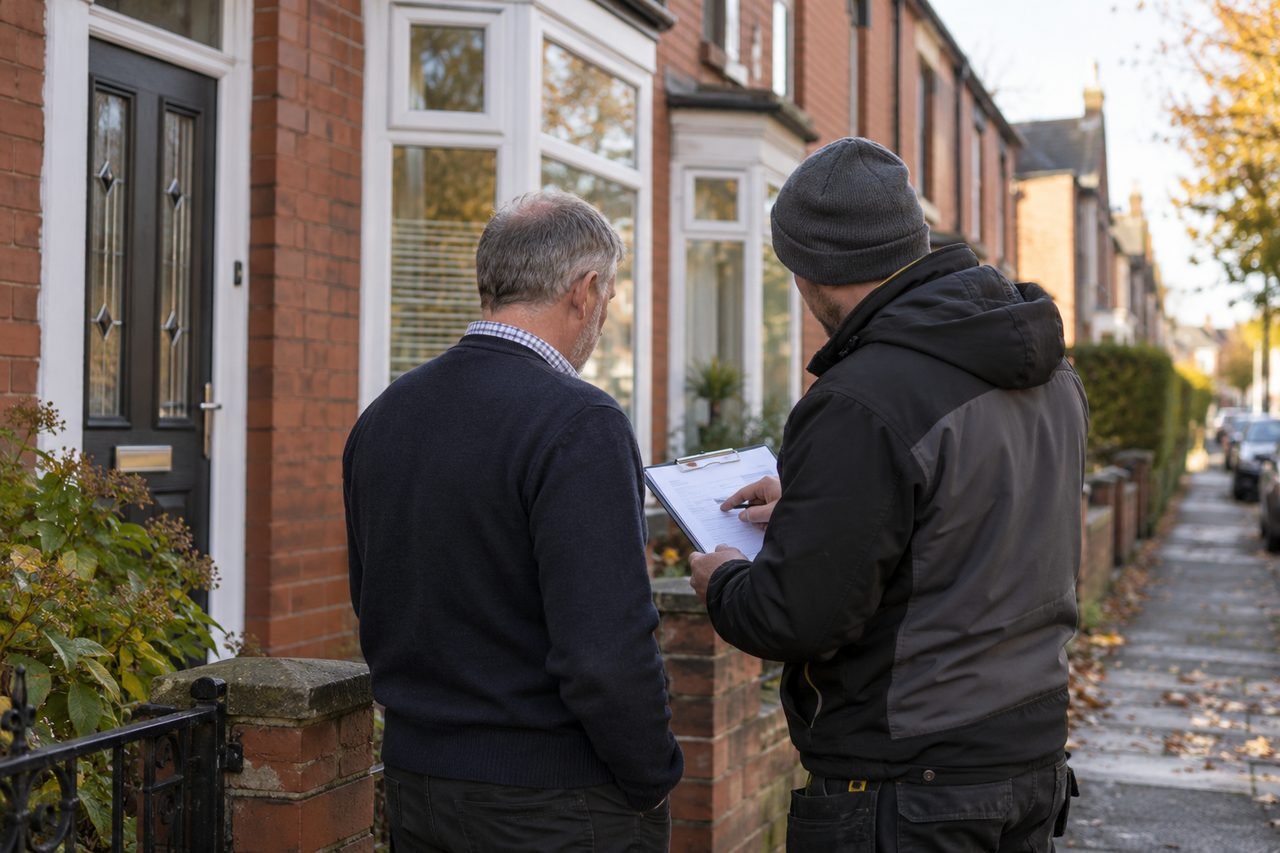A landlord and an installer standing outside a terraced house in Greater Manchester looking at a clipboard together, both seen from behind o