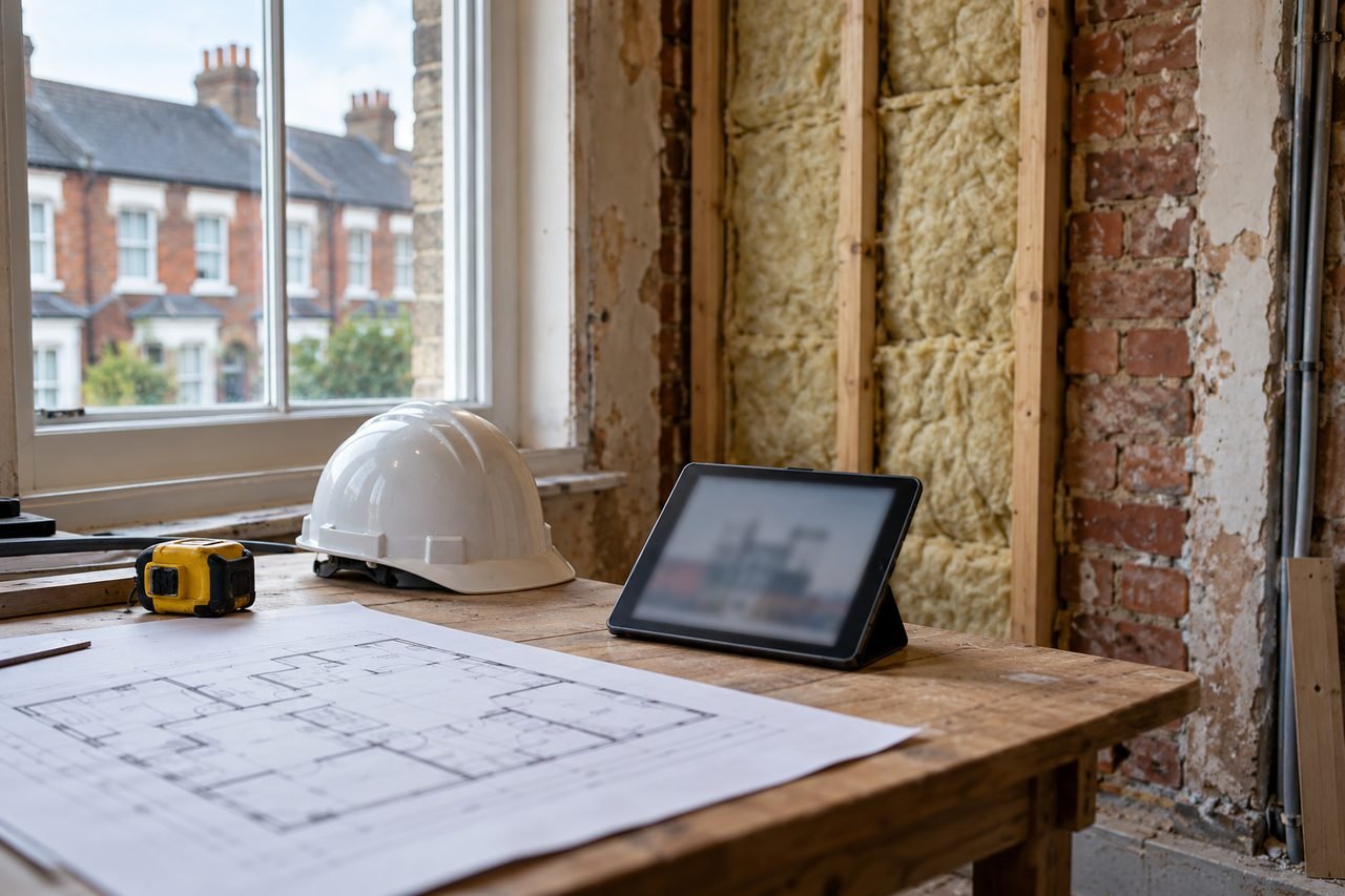 Create an image of a wooden table by a window with a printed floor plan, a hard hat, a tape measure and a tablet showing an unreadable blurr