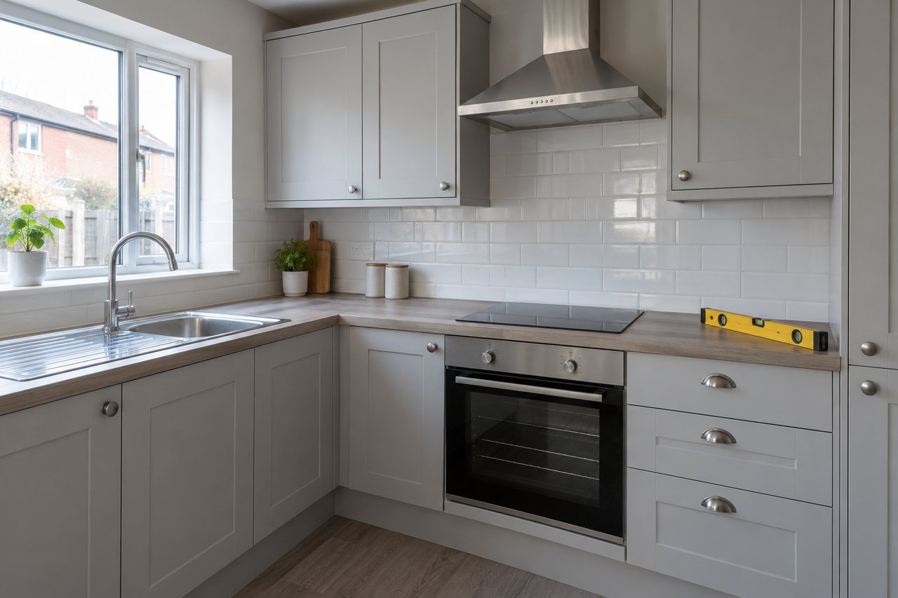 A tidy refitted kitchen in a British rental home, plain light-grey shaker units, laminate worktop, stainless sink and an extr