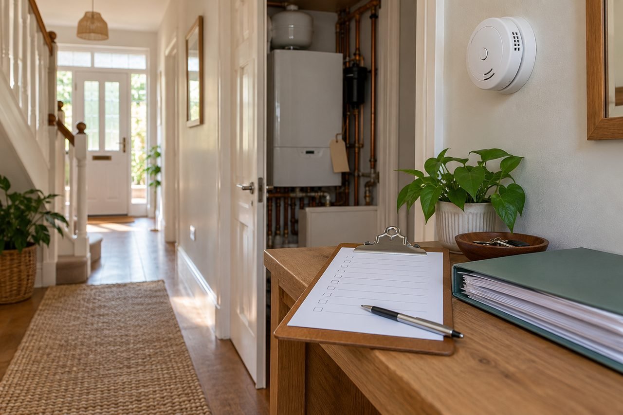 Clipboard on a hallway shelf beside a wall-mounted smoke alarm, a boiler with a service tag in the background and a folder of safety certifi