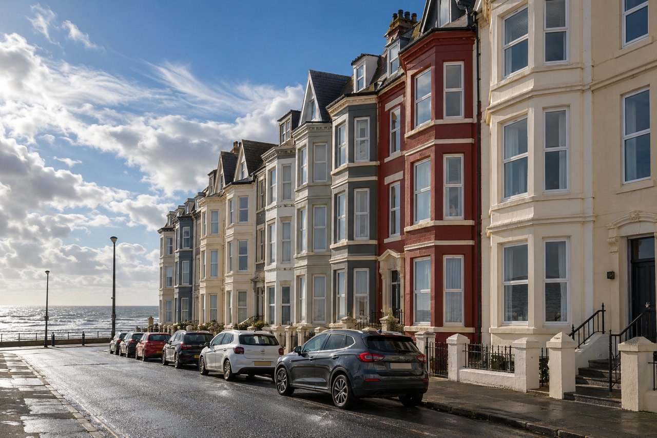 A street of tall seaside guest-house style terraces converted to flats near the coast, bright wind-swept sky, no signs