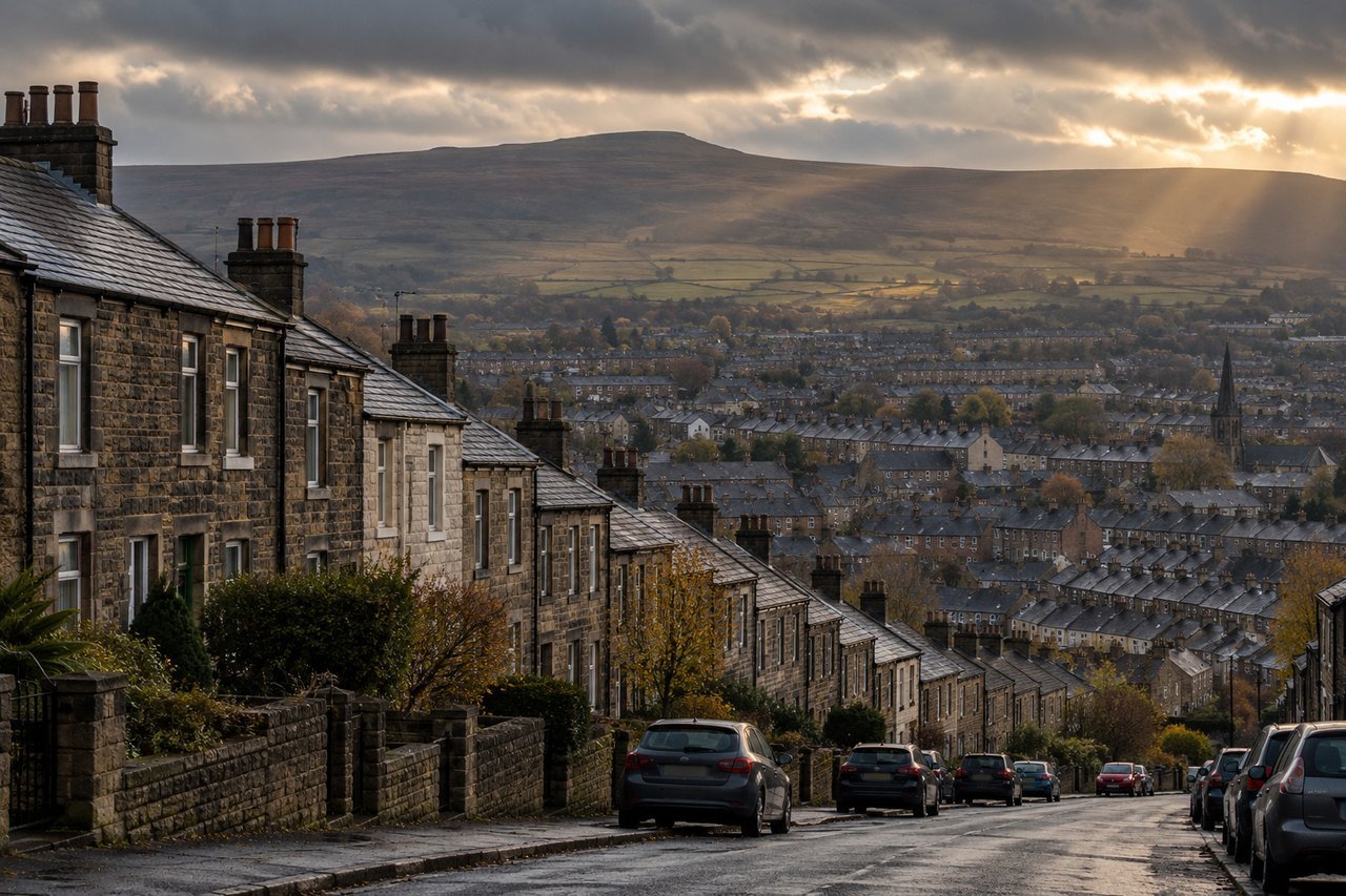 Back-to-back style stone and brick terraces climbing a hill with moorland behind, moody light
