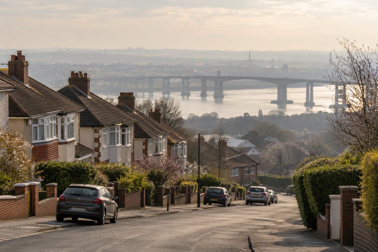 Post-war semis and a view of a large road bridge over a river in the distance, hazy light