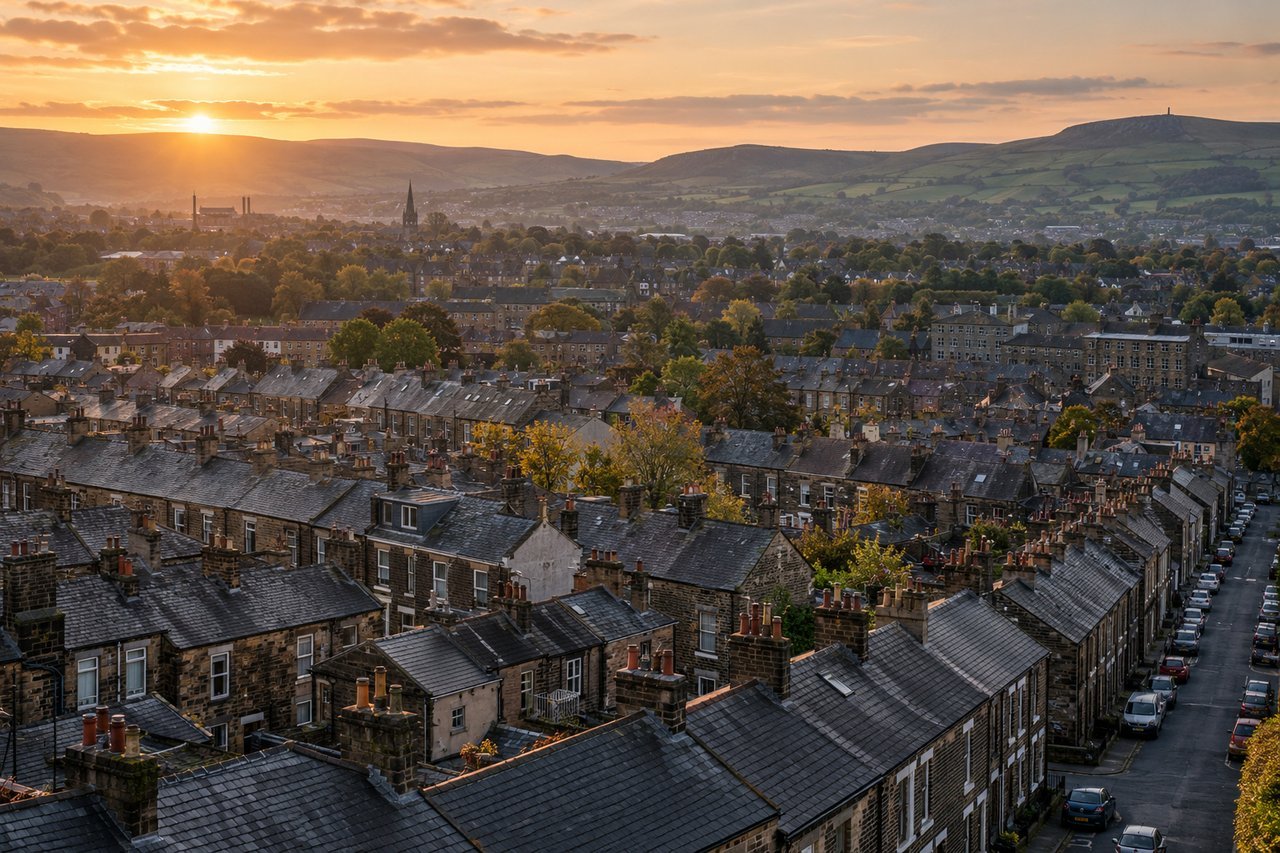 Terraced rooftops across a North West town with hills beyond