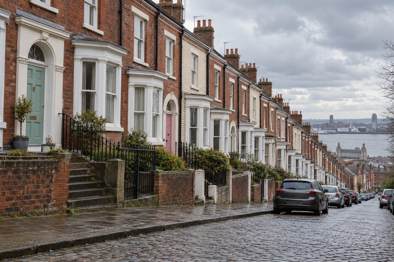 Pastel-painted Victorian terraces on a sloping Liverpool street