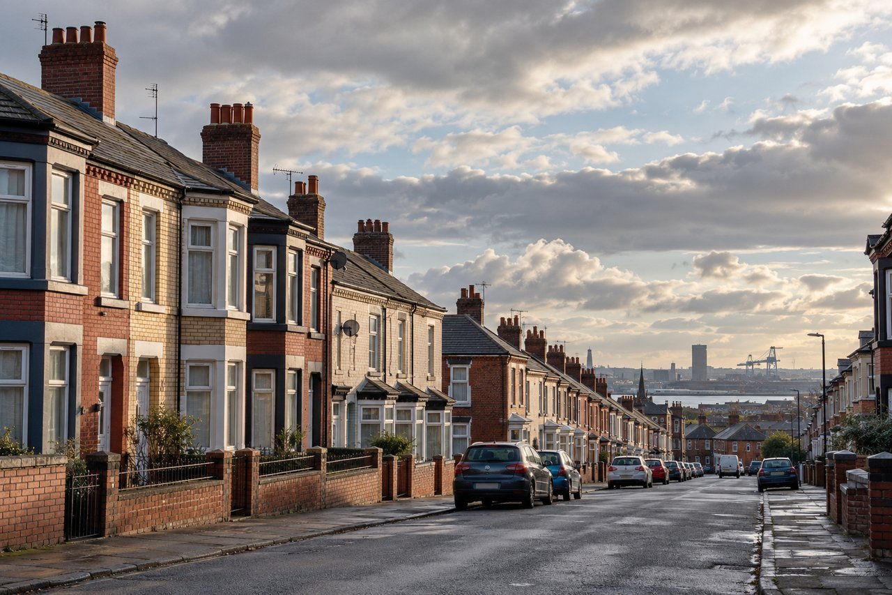 Terraced streets near Bootle with chimney pots and a wide cloudy sky, quiet morning