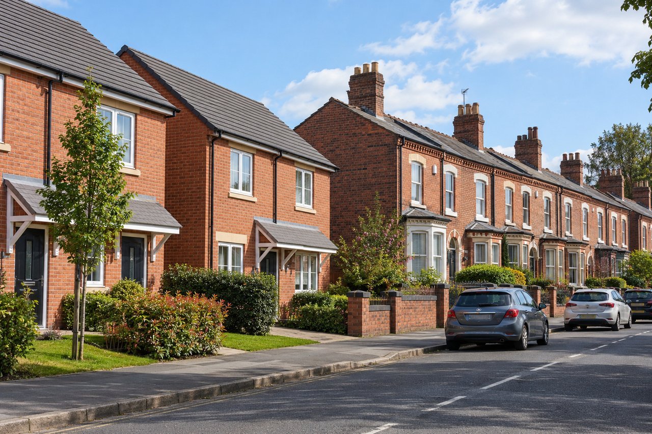 Modern brick estate houses beside an older Victorian terrace in Warrington, bright daylight