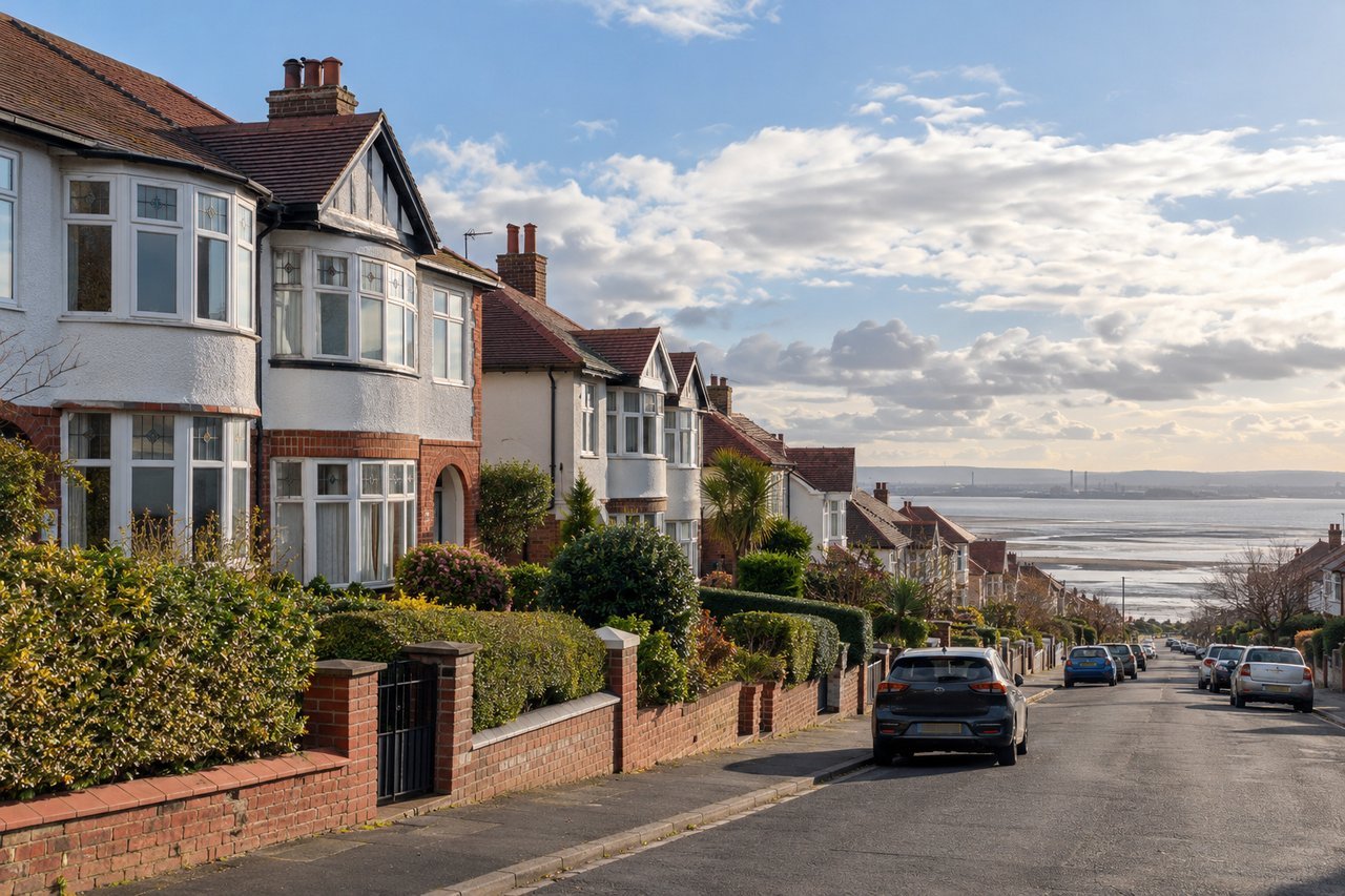 1930s semi-detached houses on a Wirral street with a glimpse of the estuary sky, fresh breezy light