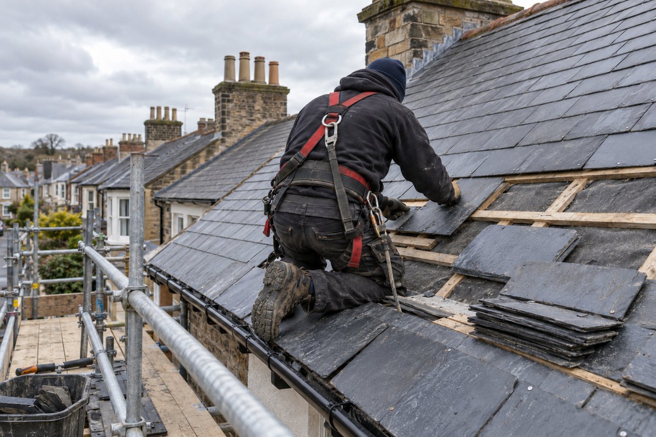 A roofer in a harness on a scaffolded pitched roof replacing slate tiles on a British terraced house, seen from behind, safet