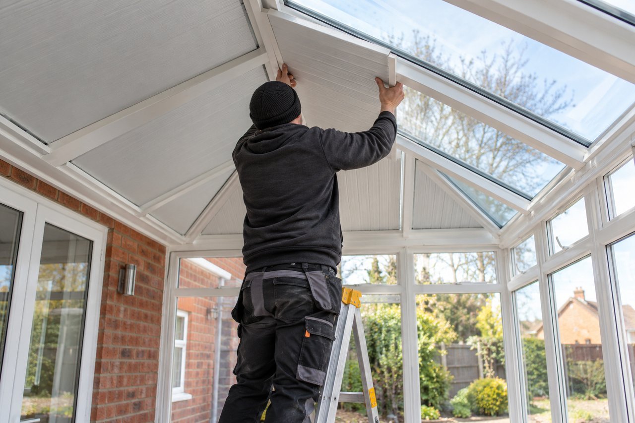 An installer on a stepladder fitting insulated roof panels to the inside of a glazed conservatory on a brick house, daylight