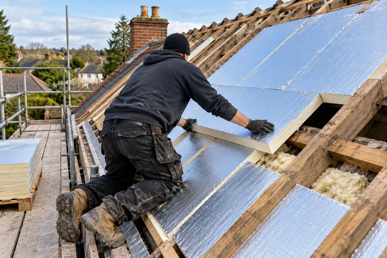 An installer laying rigid insulation boards between and over rafters of a pitched roof with the tiles stripped, scaffold visi