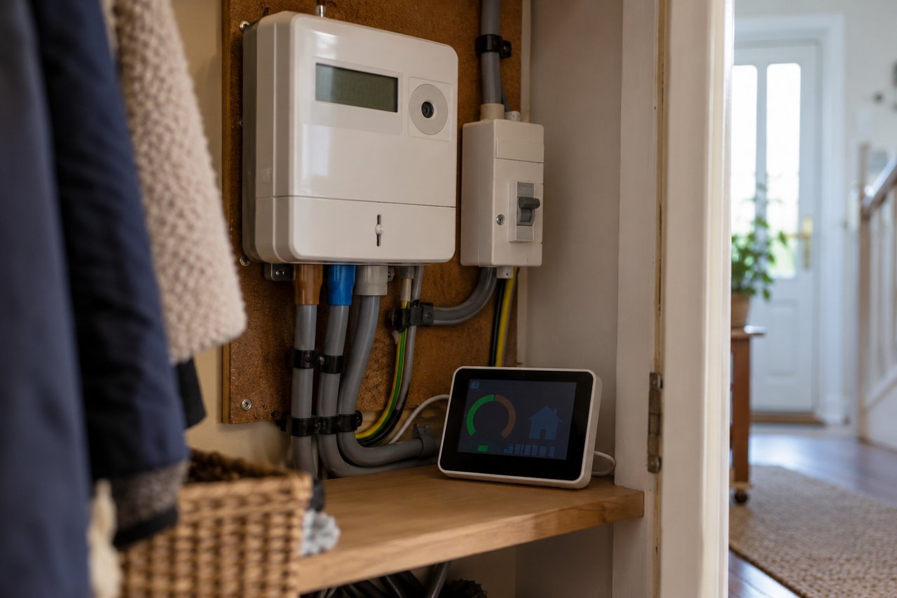 A hand-held view of a wall-mounted smart electricity meter and its small in-home display on a shelf beside it in a hallway cu