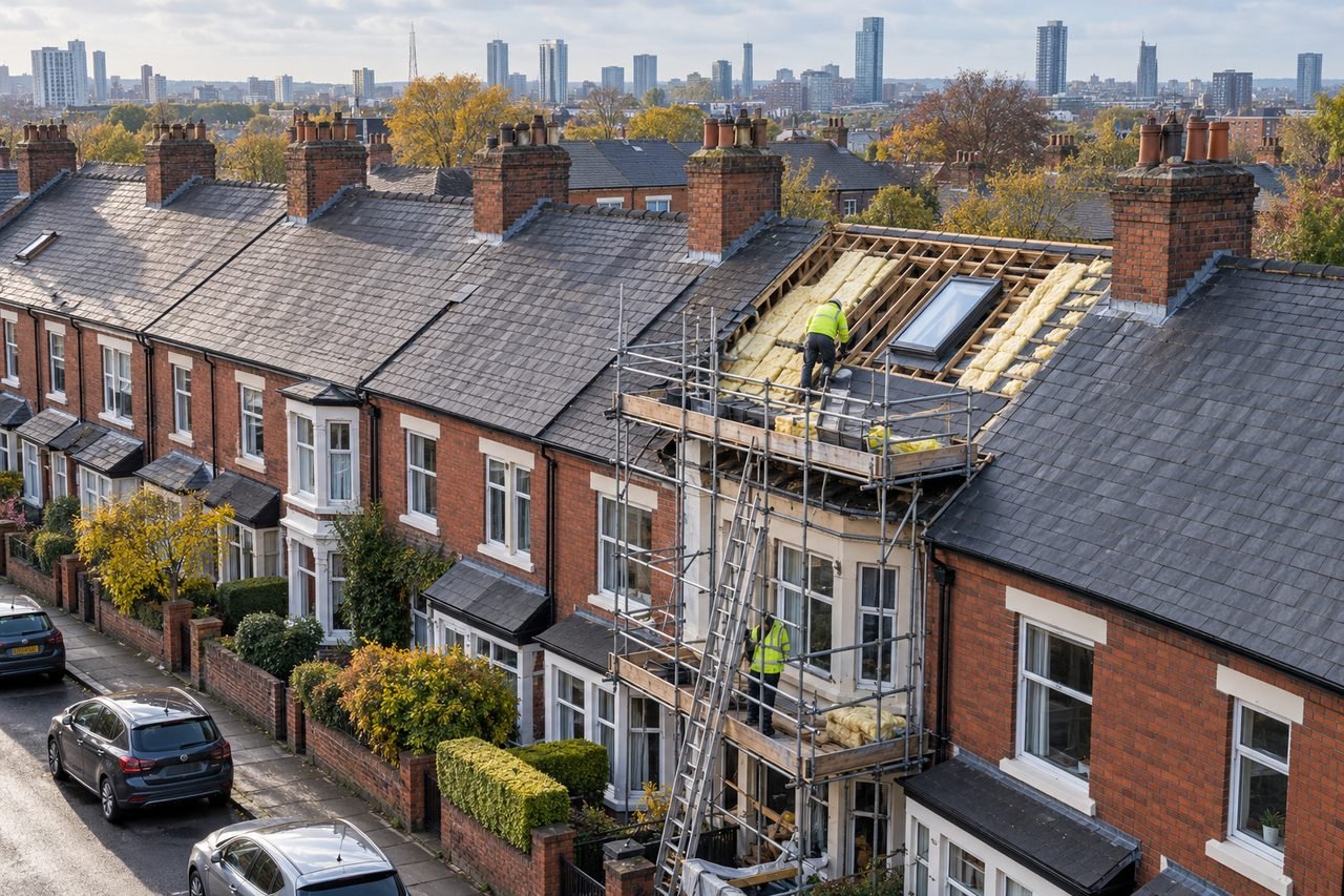 Aerial daylight view of a Greater Manchester terraced street with slate roofs, one roof showing new loft insulation work under way with a sc